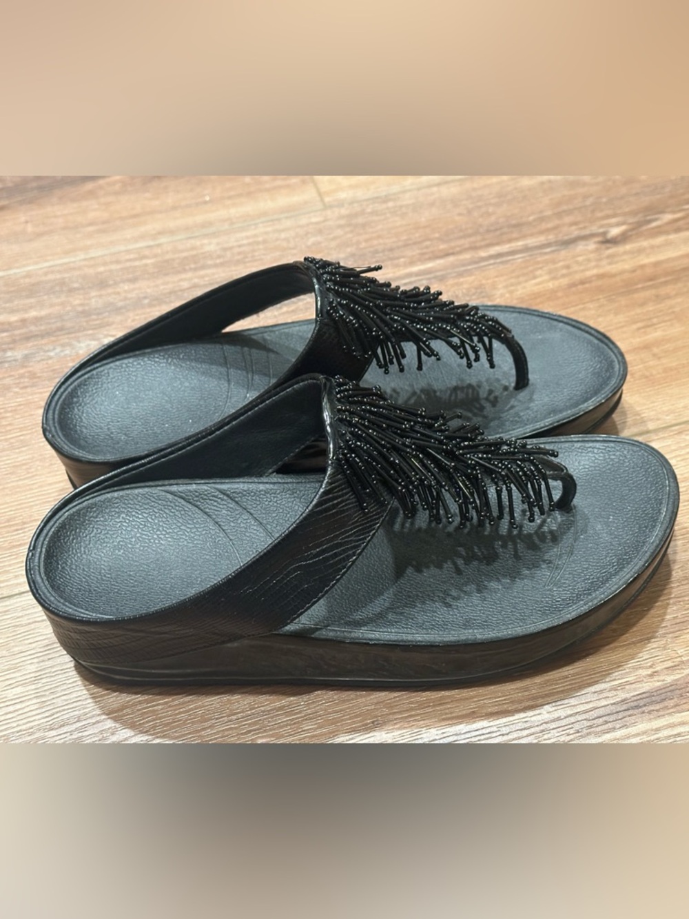 Black Beaded Fringe Women's Thong Sandals